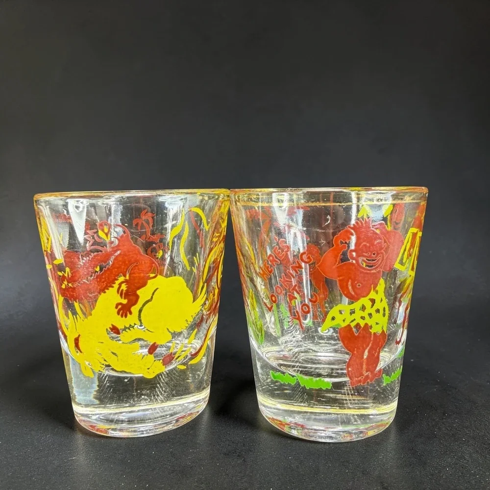 1950s Tiki Shot Glass Set 2 Bottoms Up Heres Looking At You Gold Rim Tropical - Picture 2 of 12